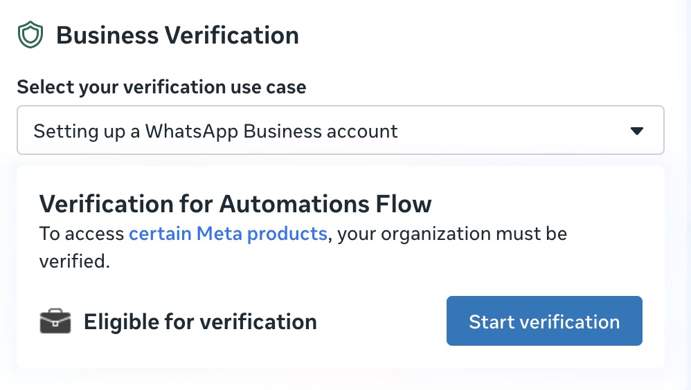 The business verification card in Meta Business Settings, with the WhatsApp use case selected